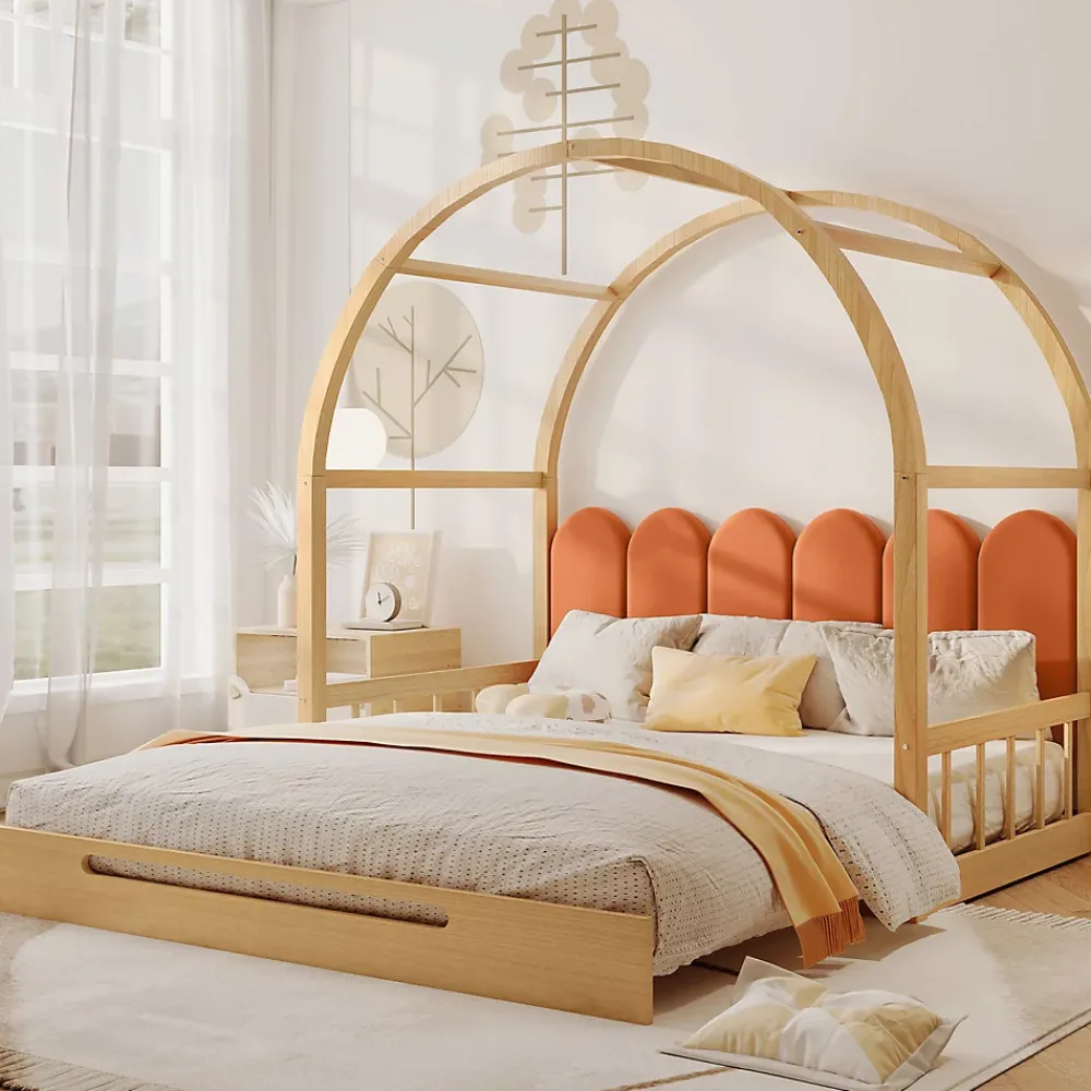 ProximaX Lit cabane enfant extensible 140x100-200 cm avec lit gigogne, cadre en pin, coussins en velours, coloris bois naturel et orange* Sommier