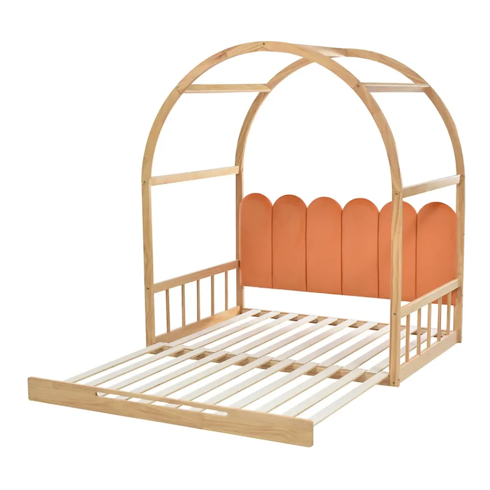 ProximaX Lit cabane enfant extensible 140x100-200 cm avec lit gigogne, cadre en pin, coussins en velours, coloris bois naturel et orange* Sommier