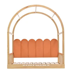 ProximaX Lit cabane enfant extensible 140x100-200 cm avec lit gigogne, cadre en pin, coussins en velours, coloris bois naturel et orange* Sommier
