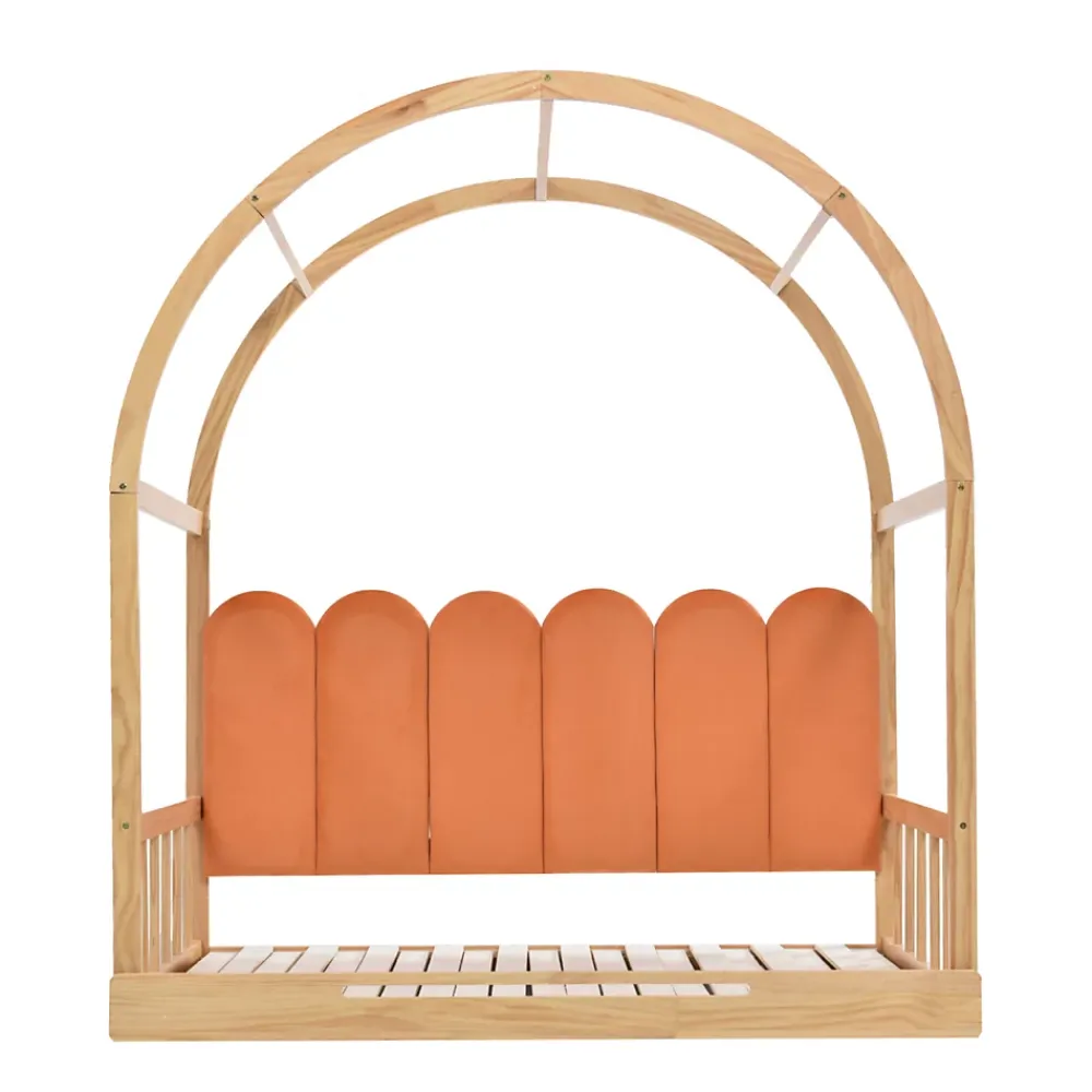 ProximaX Lit cabane enfant extensible 140x100-200 cm avec lit gigogne, cadre en pin, coussins en velours, coloris bois naturel et orange* Sommier