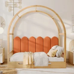 ProximaX Lit cabane enfant extensible 140x100-200 cm avec lit gigogne, cadre en pin, coussins en velours, coloris bois naturel et orange* Sommier