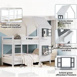 Okwish Lit Cabane enfant 90x200 cm - Lit Superposé avec Fenêtres et Garde-Corps Sécurisé, Maison en Pin Massif, Sans Matelas - Blanc*Enfant Lit Enfant