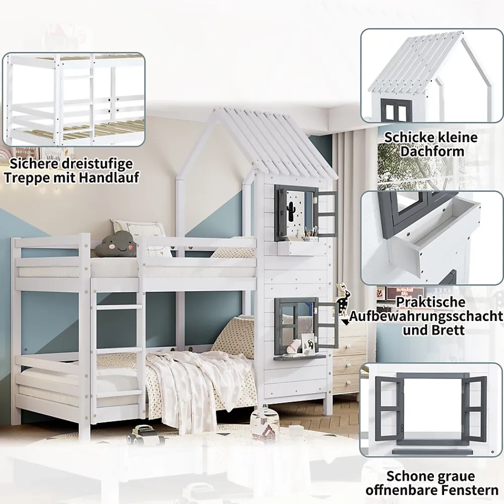 Okwish Lit Cabane enfant 90x200 cm - Lit Superposé avec Fenêtres et Garde-Corps Sécurisé, Maison en Pin Massif, Sans Matelas - Blanc*Enfant Lit Enfant