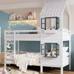 Okwish Lit Cabane enfant 90x200 cm - Lit Superposé avec Fenêtres et Garde-Corps Sécurisé, Maison en Pin Massif, Sans Matelas - Blanc*Enfant Lit Enfant