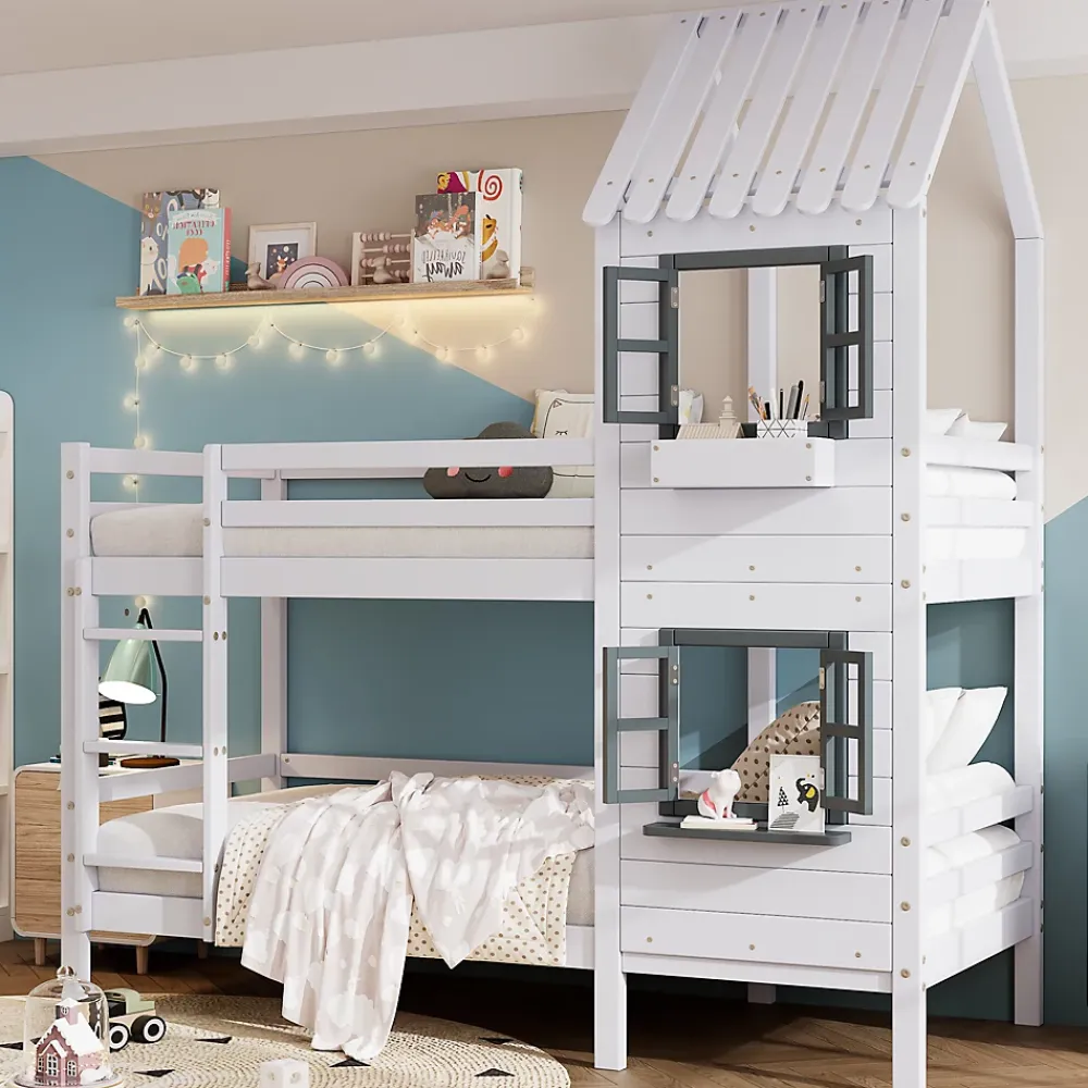 Okwish Lit Cabane enfant 90x200 cm - Lit Superposé avec Fenêtres et Garde-Corps Sécurisé, Maison en Pin Massif, Sans Matelas - Blanc*Enfant Lit Enfant