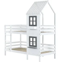 Okwish Lit Cabane enfant 90x200 cm - Lit Superposé avec Fenêtres et Garde-Corps Sécurisé, Maison en Pin Massif, Sans Matelas - Blanc*Enfant Lit Enfant