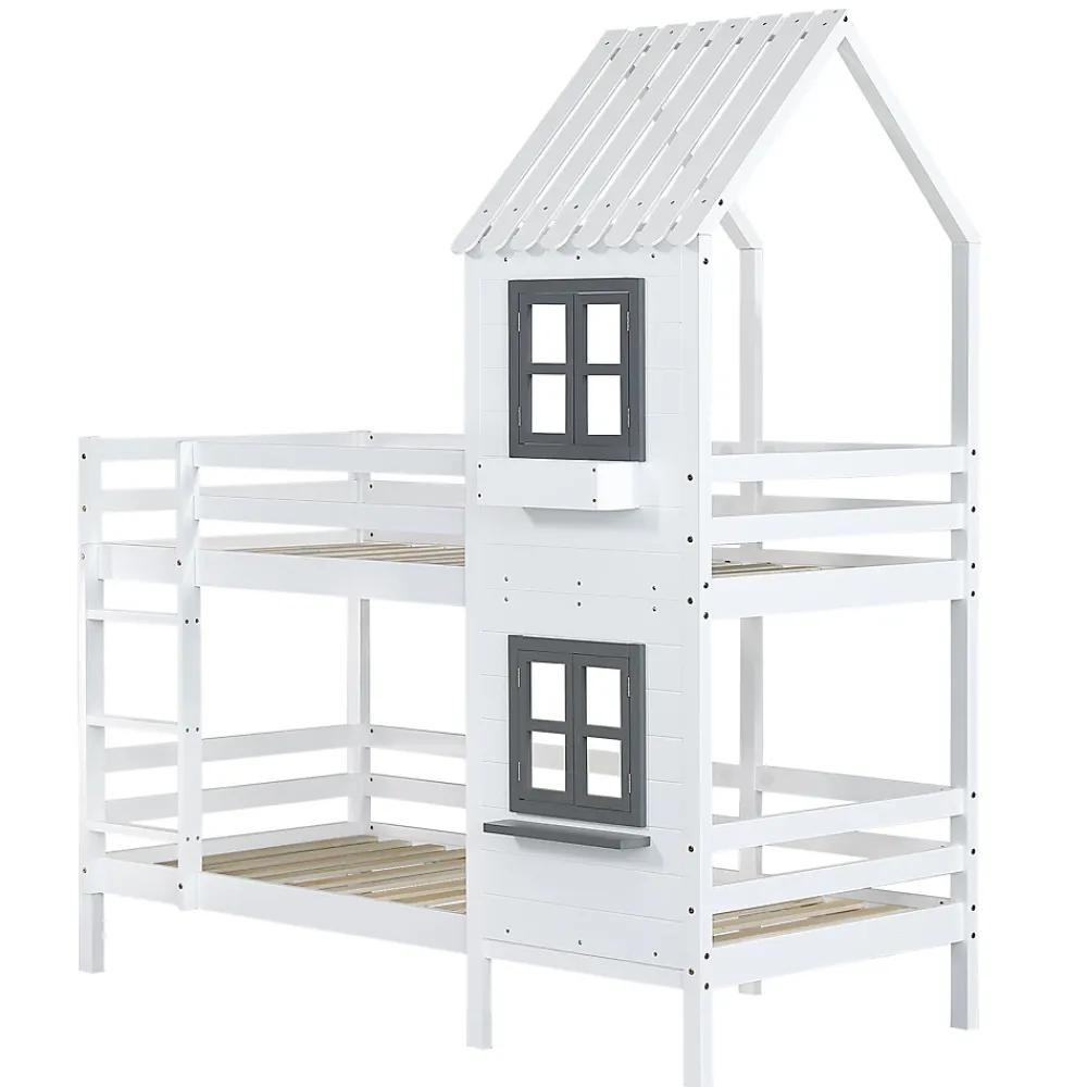 Okwish Lit Cabane enfant 90x200 cm - Lit Superposé avec Fenêtres et Garde-Corps Sécurisé, Maison en Pin Massif, Sans Matelas - Blanc*Enfant Lit Enfant