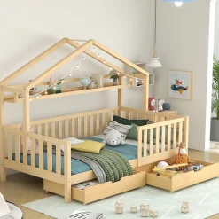 ModernLuxe Lit cabane enfant 90x200cm - avec 2 tiroirs - bois massif avec sommier à lattes - naturel (sans matelas)*Enfant Lit Enfant