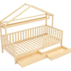 ModernLuxe Lit cabane enfant 90x200cm - avec 2 tiroirs - bois massif avec sommier à lattes - naturel (sans matelas)*Enfant Lit Enfant
