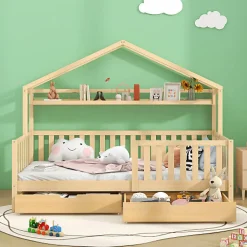 ModernLuxe Lit cabane enfant 90x200cm - avec 2 tiroirs - bois massif avec sommier à lattes - naturel (sans matelas)*Enfant Lit Enfant