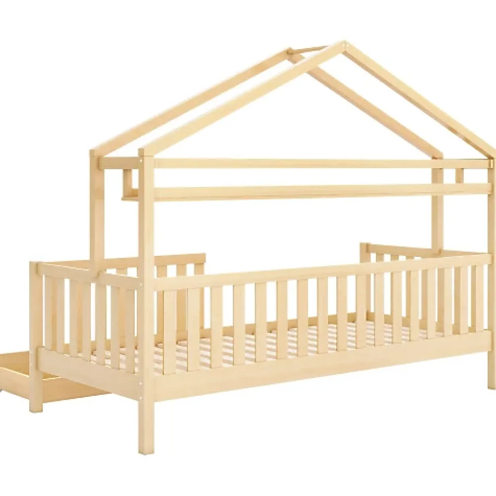 ModernLuxe Lit cabane enfant 90x200cm - avec 2 tiroirs - bois massif avec sommier à lattes - naturel (sans matelas)*Enfant Lit Enfant
