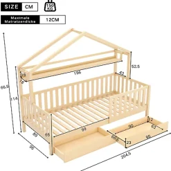 ModernLuxe Lit cabane enfant 90x200cm - avec 2 tiroirs - bois massif avec sommier à lattes - naturel (sans matelas)*Enfant Lit Enfant