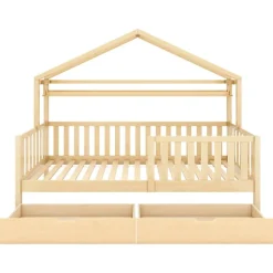 ModernLuxe Lit cabane enfant 90x200cm - avec 2 tiroirs - bois massif avec sommier à lattes - naturel (sans matelas)*Enfant Lit Enfant