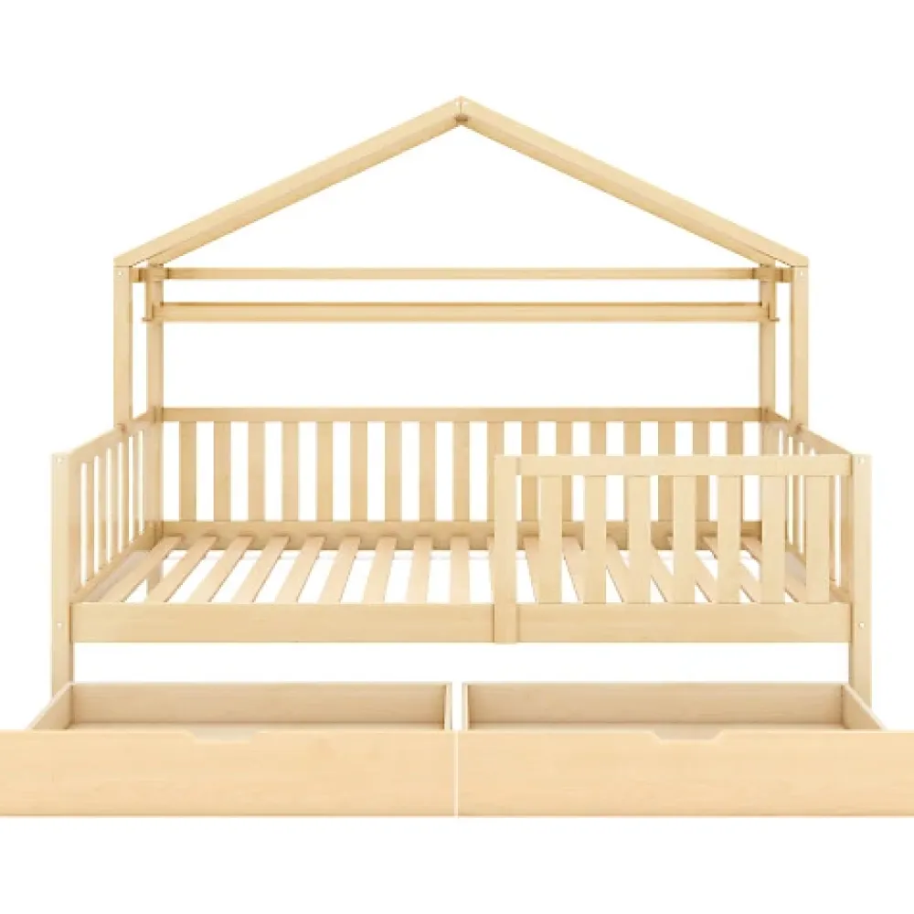 ModernLuxe Lit cabane enfant 90x200cm - avec 2 tiroirs - bois massif avec sommier à lattes - naturel (sans matelas)*Enfant Lit Enfant