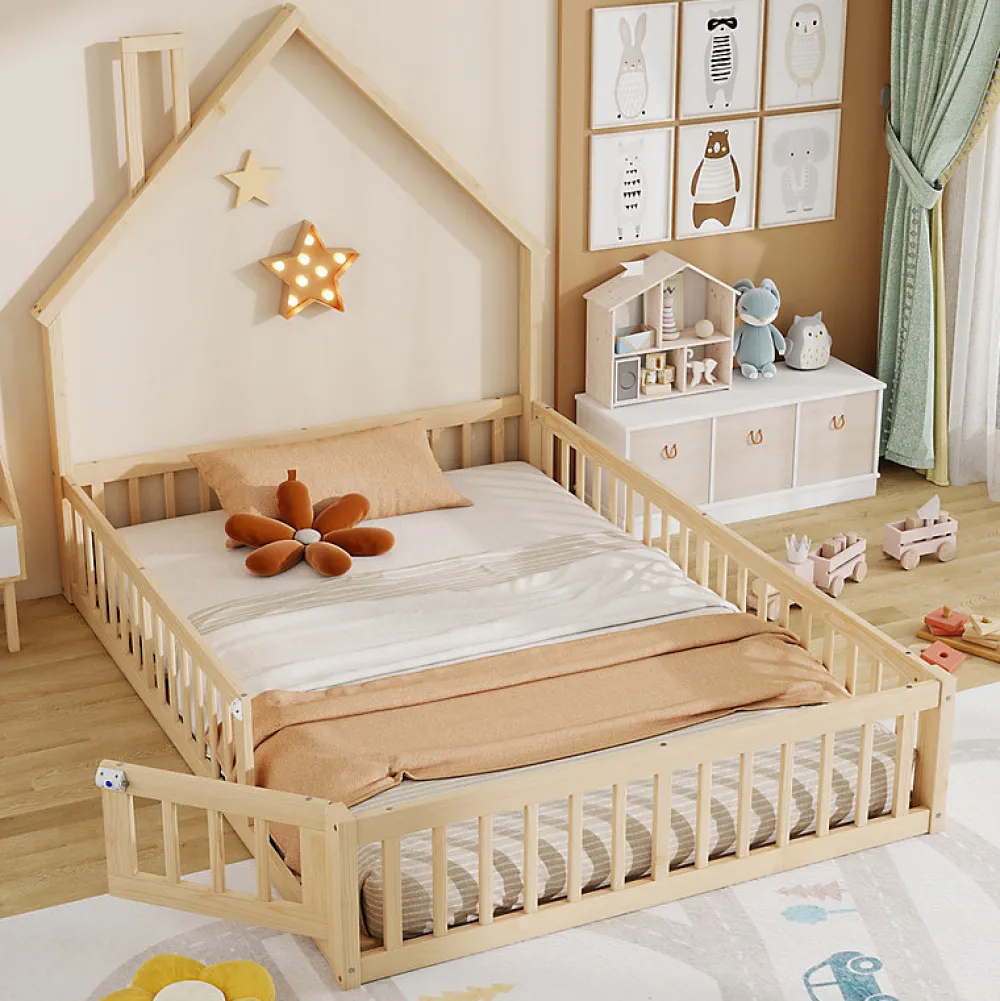 ModernLuxe Lit cabane enfant 140x190cm - sommier à lattes - 1 porte - naturel (matelas non inclus)*Enfant Lit Enfant