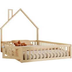 ModernLuxe Lit cabane enfant 140x190cm - sommier à lattes - 1 porte - naturel (matelas non inclus)*Enfant Lit Enfant