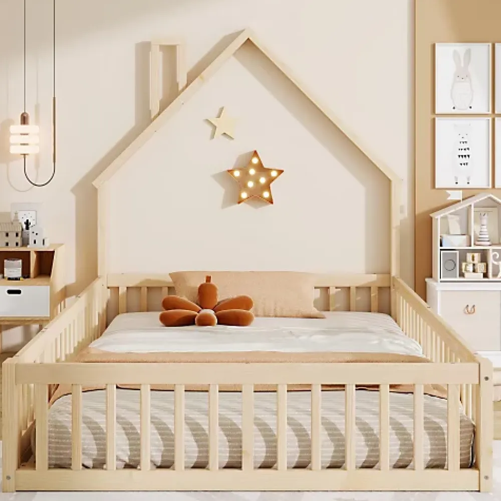 ModernLuxe Lit cabane enfant 140x190cm - sommier à lattes - 1 porte - naturel (matelas non inclus)*Enfant Lit Enfant