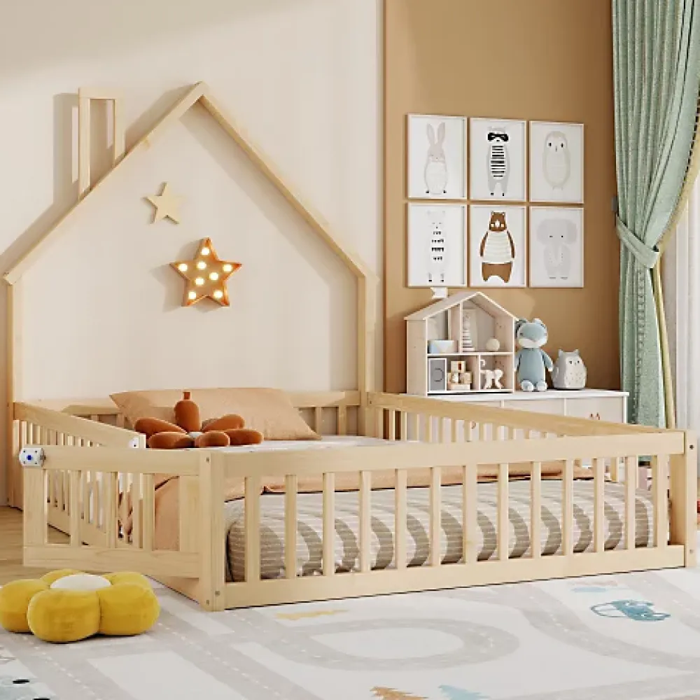 ModernLuxe Lit cabane enfant 140x190cm - sommier à lattes - 1 porte - naturel (matelas non inclus)*Enfant Lit Enfant