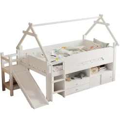 ModernLuxe Lit cabane enfant 90x200cm - toboggan - 2 tiroirs - barrières de sécurité - blanc (matelas non inclus)*Enfant Lit Enfant