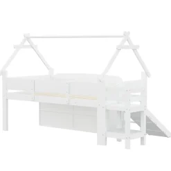 ModernLuxe Lit cabane enfant 90x200cm - toboggan - 2 tiroirs - barrières de sécurité - blanc (matelas non inclus)*Enfant Lit Enfant