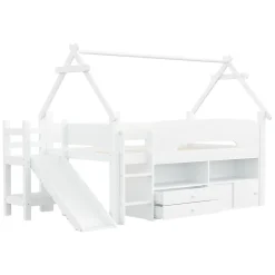 ModernLuxe Lit cabane enfant 90x200cm - toboggan - 2 tiroirs - barrières de sécurité - blanc (matelas non inclus)*Enfant Lit Enfant