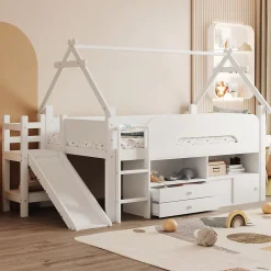 ModernLuxe Lit cabane enfant 90x200cm - toboggan - 2 tiroirs - barrières de sécurité - blanc (matelas non inclus)*Enfant Lit Enfant