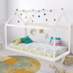 Lit cabane enfant 90x200cm bois massif PANDOU Blanc inclus sommier>Bb Loisir Clearance