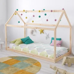 Lit cabane enfant 90x200cm bois massif PANDOU Naturel inclus sommier>Bb Loisir Hot