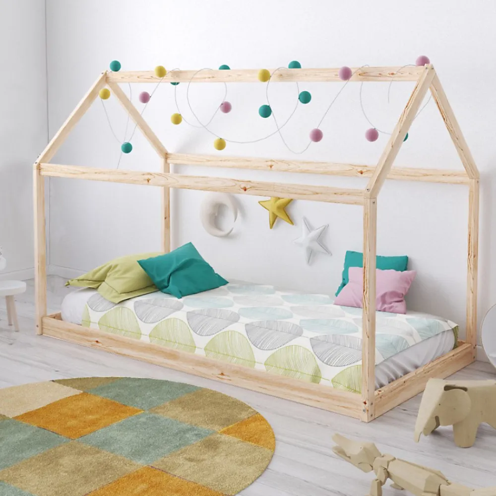 Lit cabane enfant 90x200cm bois massif PANDOU Naturel inclus sommier>Bb Loisir Hot