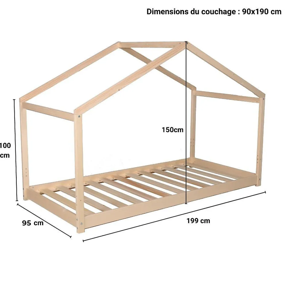 Lit cabane enfant 90x190cm bois massif KITO Naturel inclus sommier>Bb Loisir Clearance