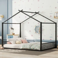 Blackcolors Lit Cabane Enfant 140x200cm Cadre Fer Barre Maison Noir*Enfant Lit Enfant