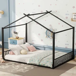 Blackcolors Lit Cabane Enfant 140x200cm Cadre Fer Barre Maison Noir*Enfant Lit Enfant