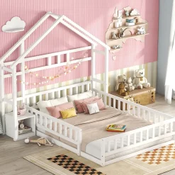 ProximaX Lit cabane enfants 140 x 200 cm avec rangements et garde-corps avec tables de chevet, blanc* Lit Avec Rangement