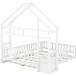 ProximaX Lit cabane enfants 140 x 200 cm avec rangements et garde-corps avec tables de chevet, blanc* Lit Avec Rangement