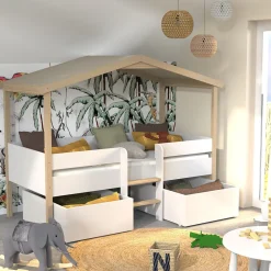 Lit cabane hauteur 90x200cm bois massif POLI naturel blanc inclus sommier et 2 tiroirs>Bb Loisir Best