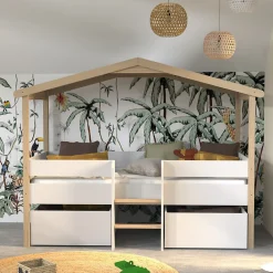 Lit cabane hauteur 90x200cm bois massif POLI naturel blanc inclus sommier et 2 tiroirs><noscript><img width=