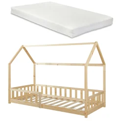 Lit cabane Hesel avec matelas à mousse froid 90 x 200 cm naturel en.casa>[En.Casa] Best