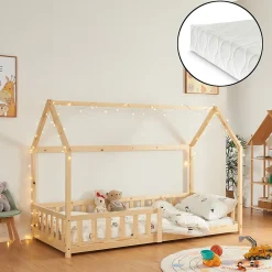 Lit cabane Hesel avec matelas à mousse froid 90 x 200 cm naturel en.casa>[En.Casa] Best