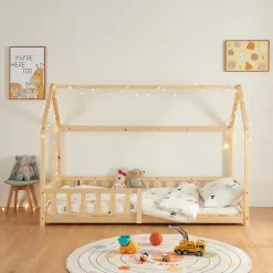 Lit cabane Hesel avec matelas à mousse froid 90 x 200 cm naturel en.casa><noscript><img width=
