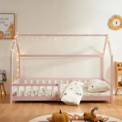 Lit cabane Hesel avec matelas à mousse froid 90 x 200 cm rose en.casa><noscript><img width=