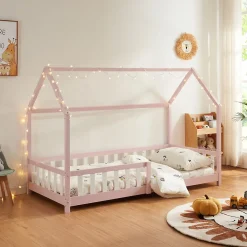 [En.Casa] Lit cabane Hesel pour enfants bois de pin 90 x 200 cm rose en.casa*Enfant Lit Enfant