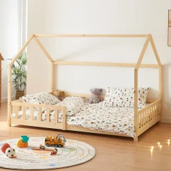 [En.Casa] Lit cabane Hesel pour enfants bois de pin 120 x 200 cm naturel en.casa*Enfant Lit Enfant