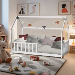 Lit cabane Kiwi 90x190 avec sommier et matelas /Blanc><noscript><img width=