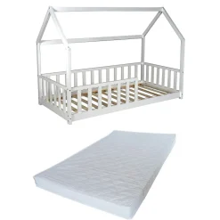 Lit cabane Kiwi 90x190 avec sommier et matelas /Blanc><noscript><img width=
