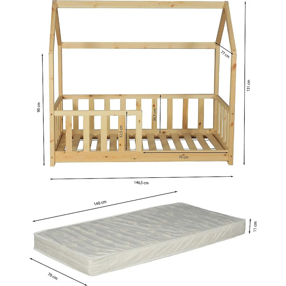 Lit cabane Kiwi 70x140 avec sommier et matelas /Naturel>Weber Industries New