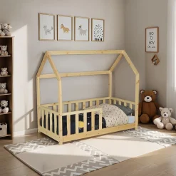 Lit cabane Kiwi 70x140 avec sommier et matelas /Naturel><noscript><img width=