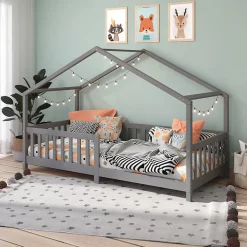 Lit cabane LISAN 90 x 190 cm, en pin massif lasuré gris>Idimex Clearance