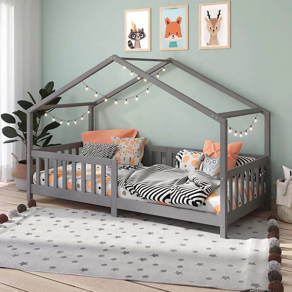 Lit cabane LISAN 90 x 190 cm, en pin massif lasuré gris>Idimex Clearance