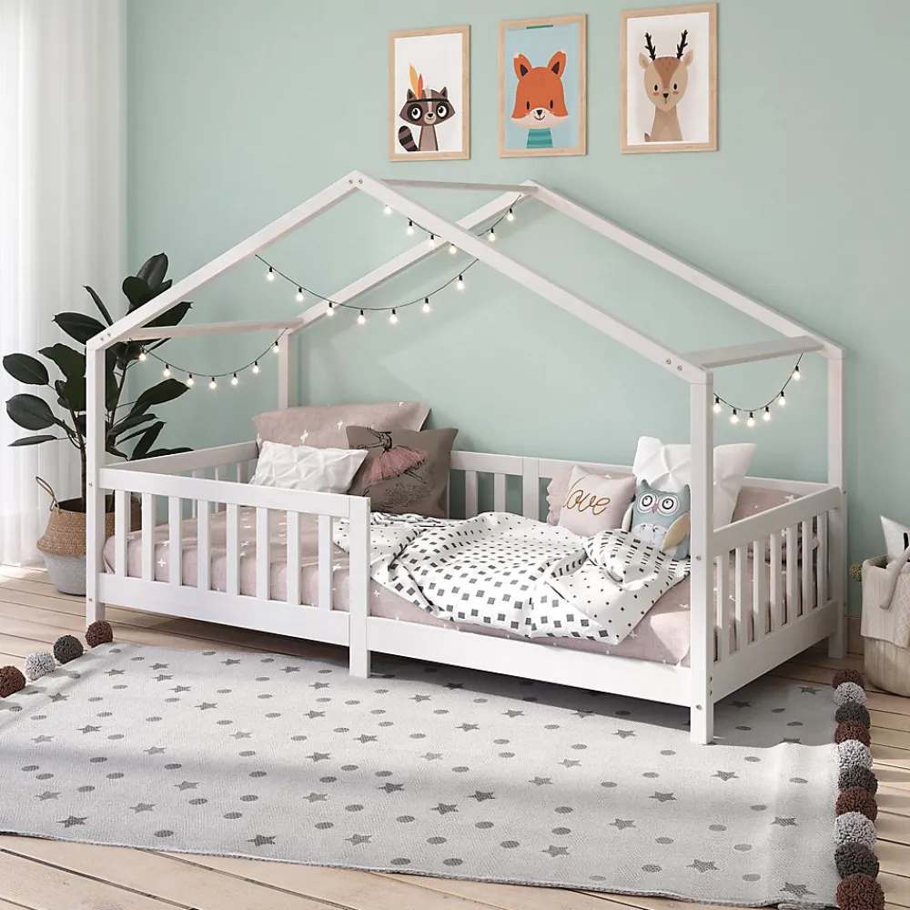 Lit cabane LISAN 90 x 190 cm, en pin massif lasuré blanc>Idimex Hot