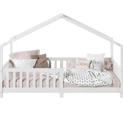 Lit cabane LISAN 90 x 190 cm, en pin massif lasuré blanc><noscript><img width=